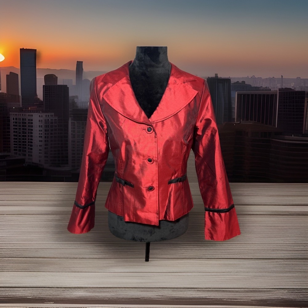 Silk Land Petites Women's 10P Red 100% Silk Blazer Jacket Bow Pockets